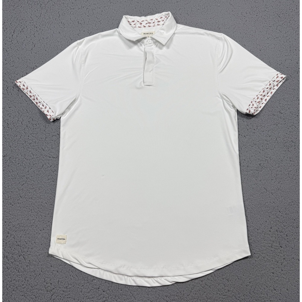 Mantra Polo Shirt Mens Small White Flamingo Trim Catalyst‎ Stretch Golf Casual